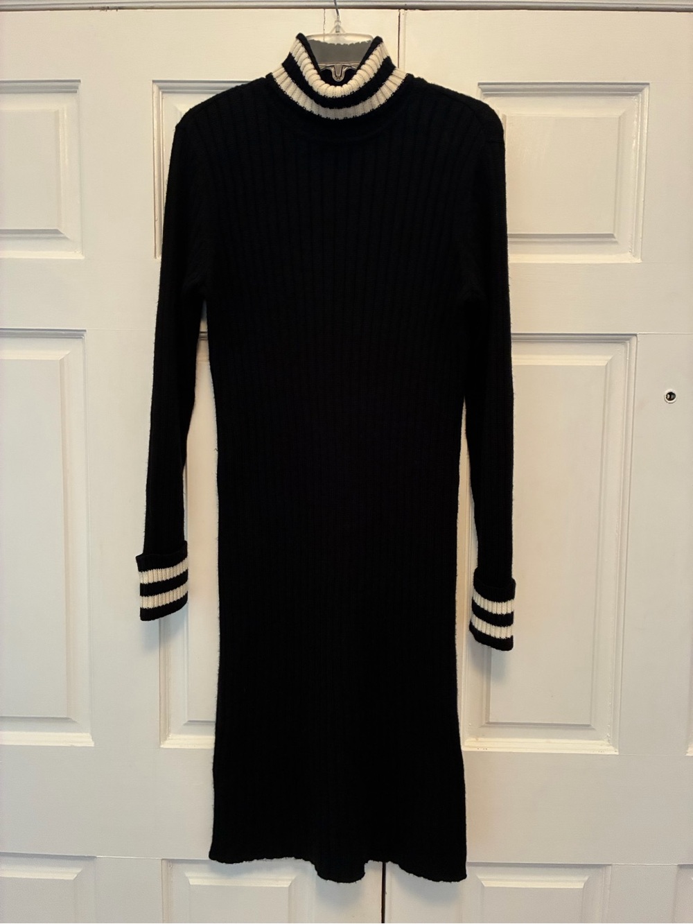 Nina Leonard Black Ribbed Turtleneck Dress with White Stripe Accents